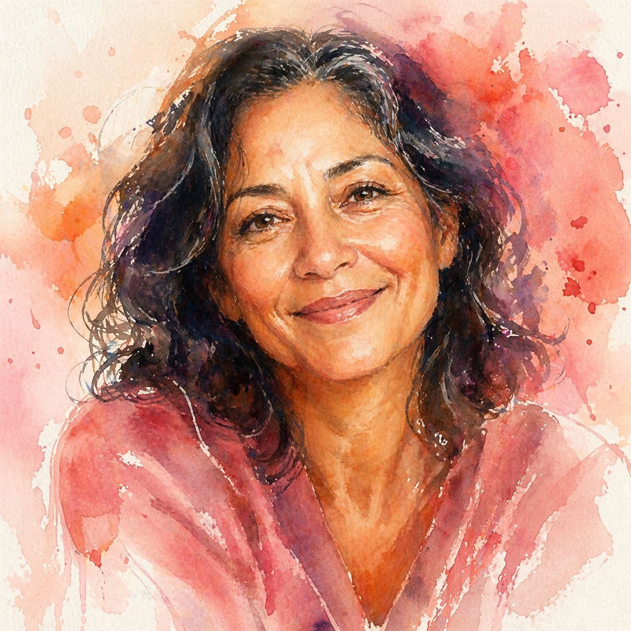 Retrato em aquarela de uma mulher de cabelos escuros e sorriso caloroso, em tons de rosa.