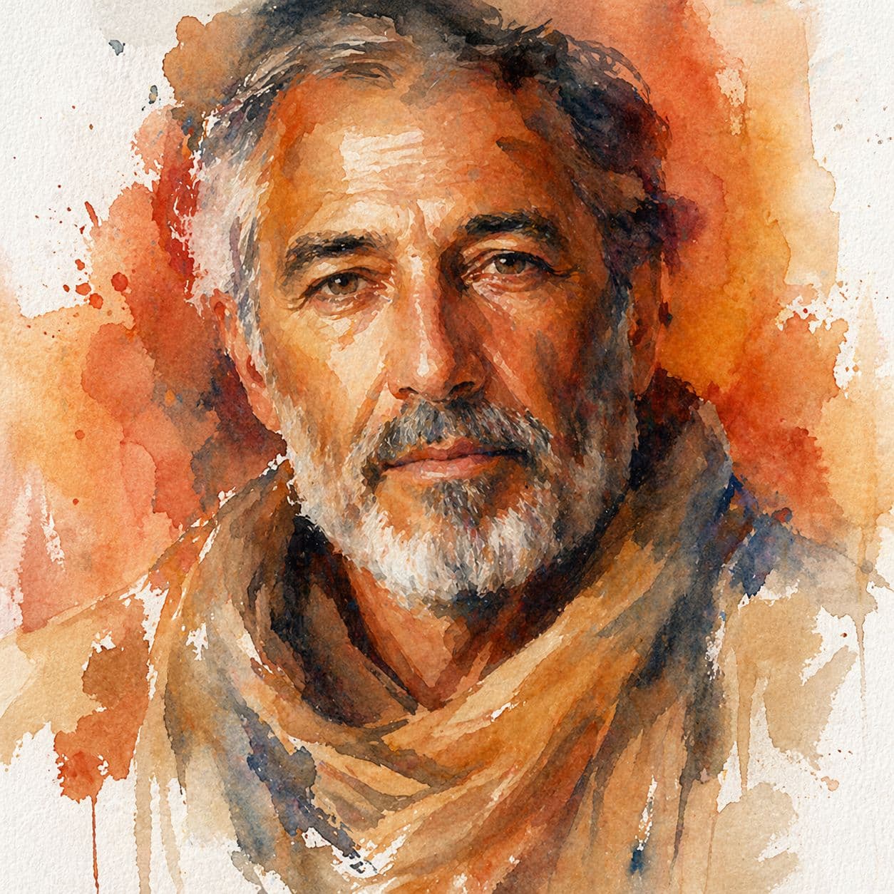 Retrato em aquarela de um homem grisalho de barba, expressão serena, em tons de azul.