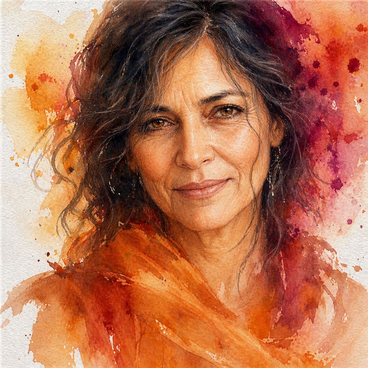 Retrato em aquarela de uma mulher de olhar intenso com um xale, em tons de laranja e magenta.