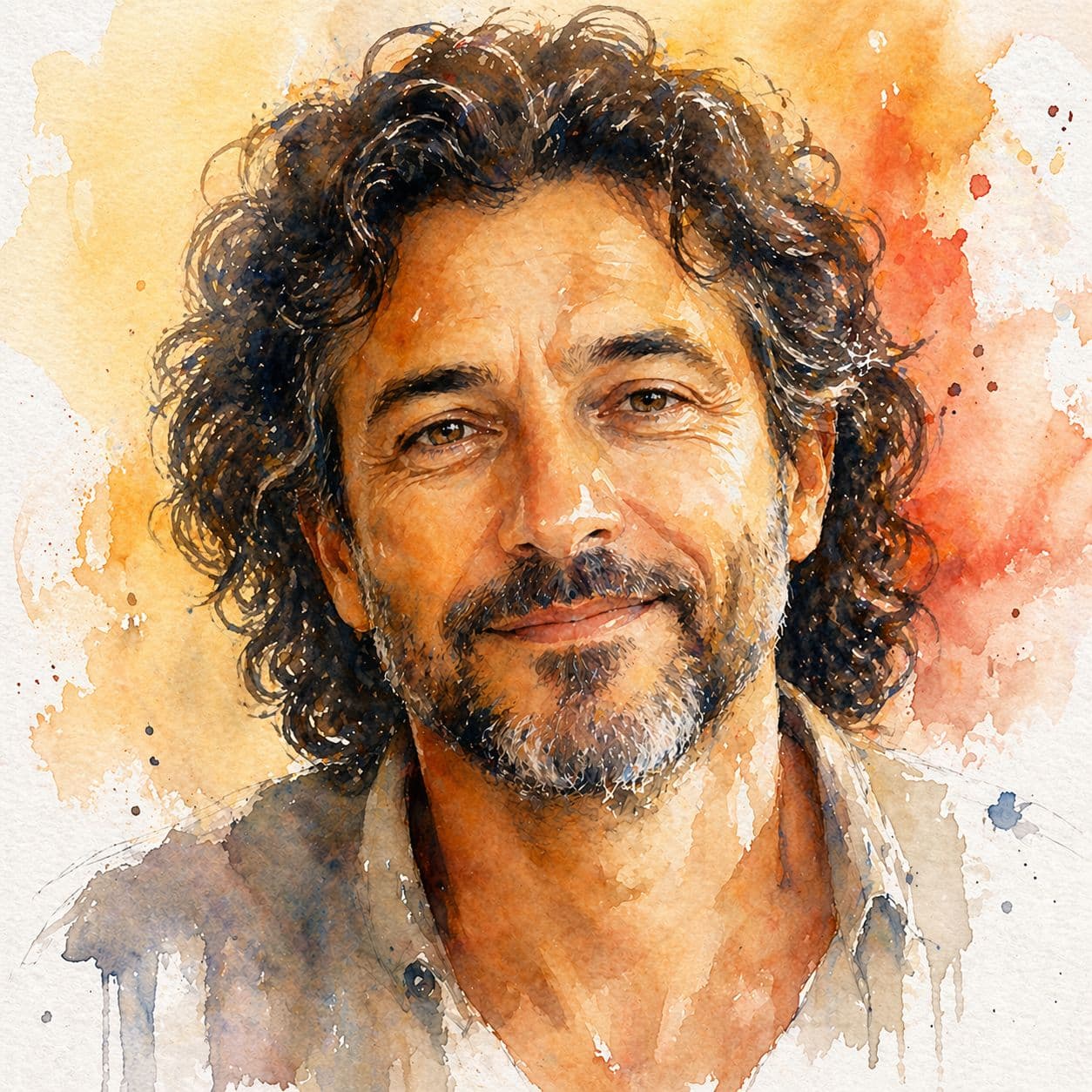 Retrato em aquarela de um homem de cabelos cacheados e barba, expressão acolhedora, em tons dourados.
