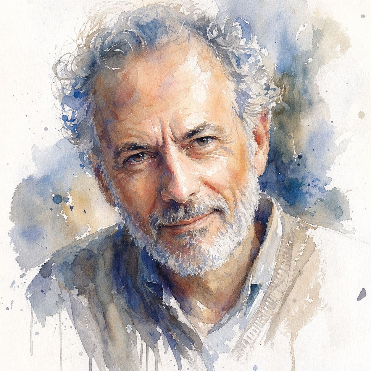 Retrato em aquarela de um homem de barba branca com um lenço claro, em tons de terracota.