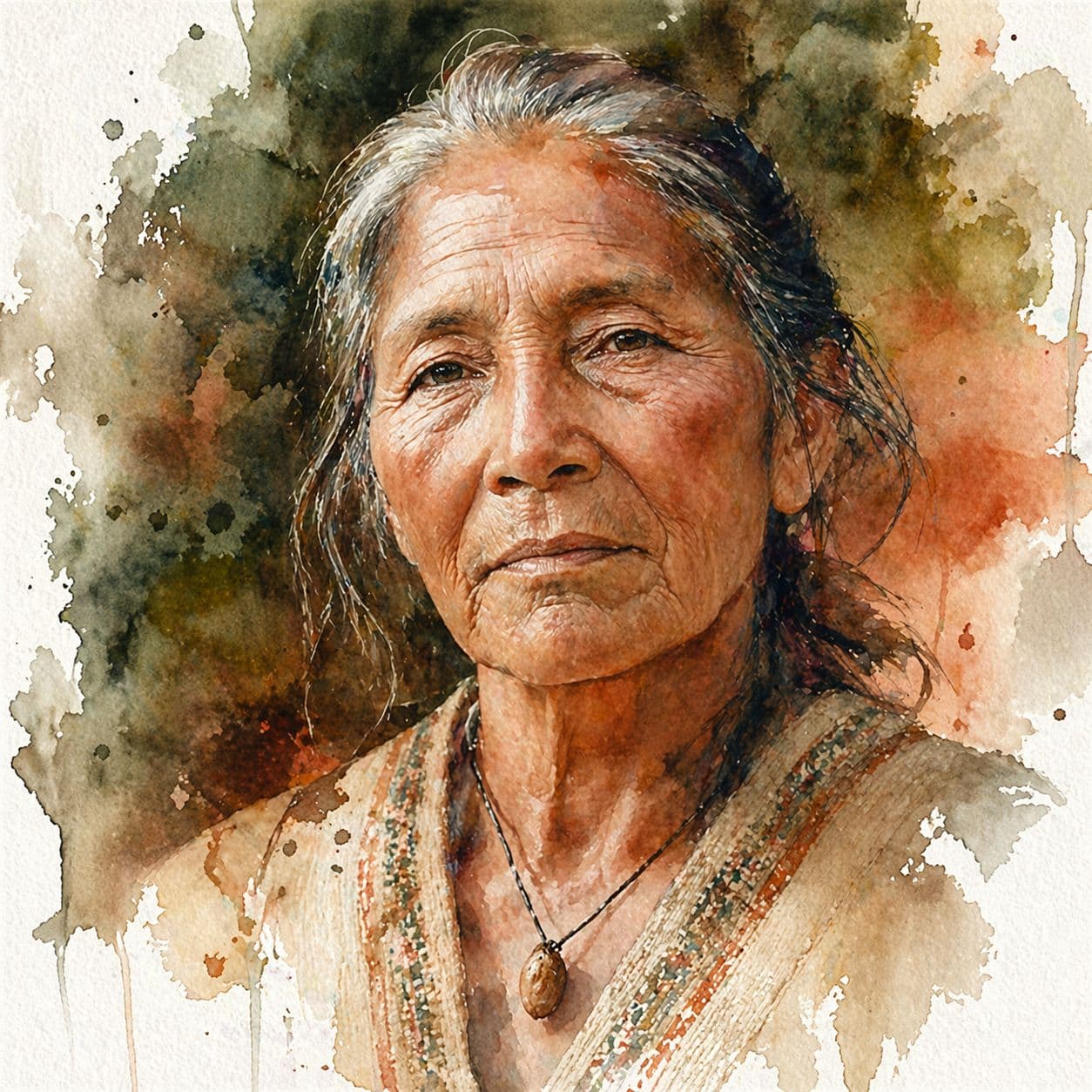 Retrato em aquarela de uma anciã de vestes trançadas e semblante firme, em tons de verde e ocre.