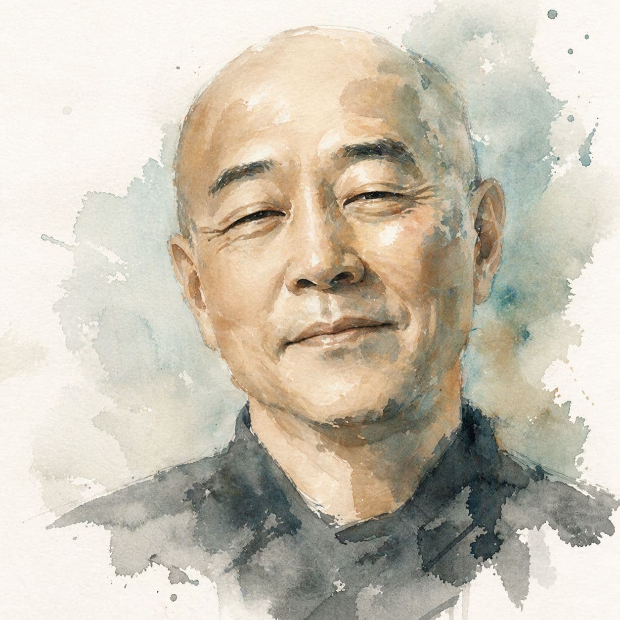 Retrato em aquarela de um homem de cabeça raspada e meio-sorriso tranquilo, em tons de verde-água.